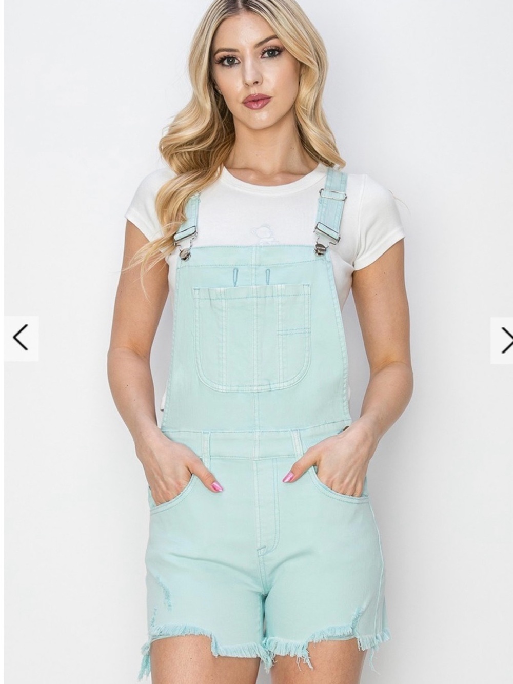 Women's Mint Green Short Denim Overalls with Frayed Hem